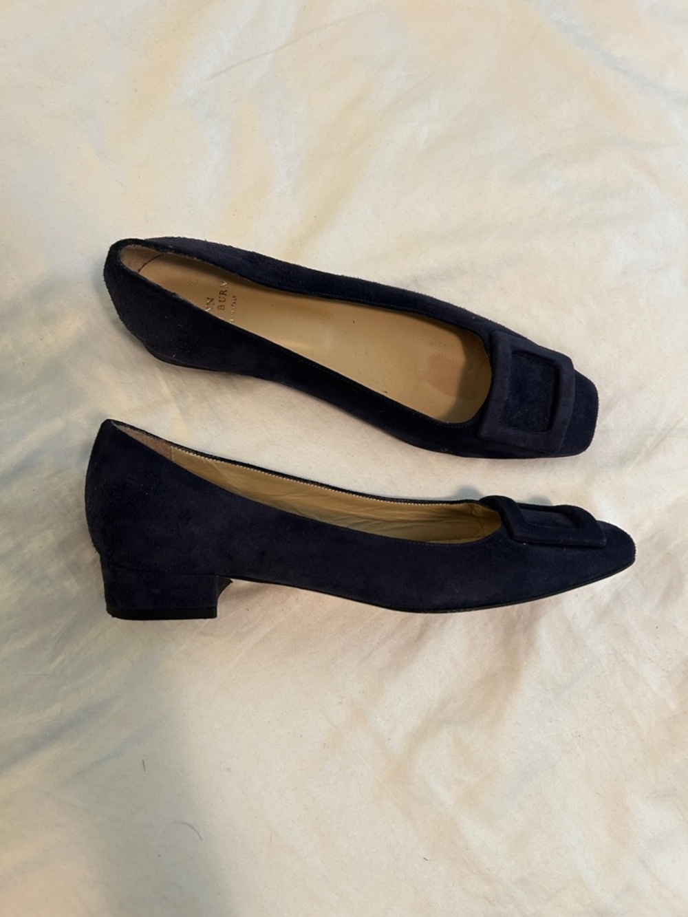 ANN MASHBURN Navy Suede Square-Toe Flats with Buckle Accent - Picture 7 of 8